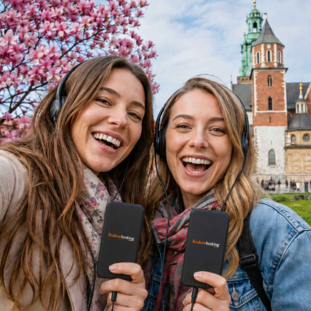 Amies prenant un selfie avec des audioguides KrakowBooking sur la colline du Wawel à Cracovie