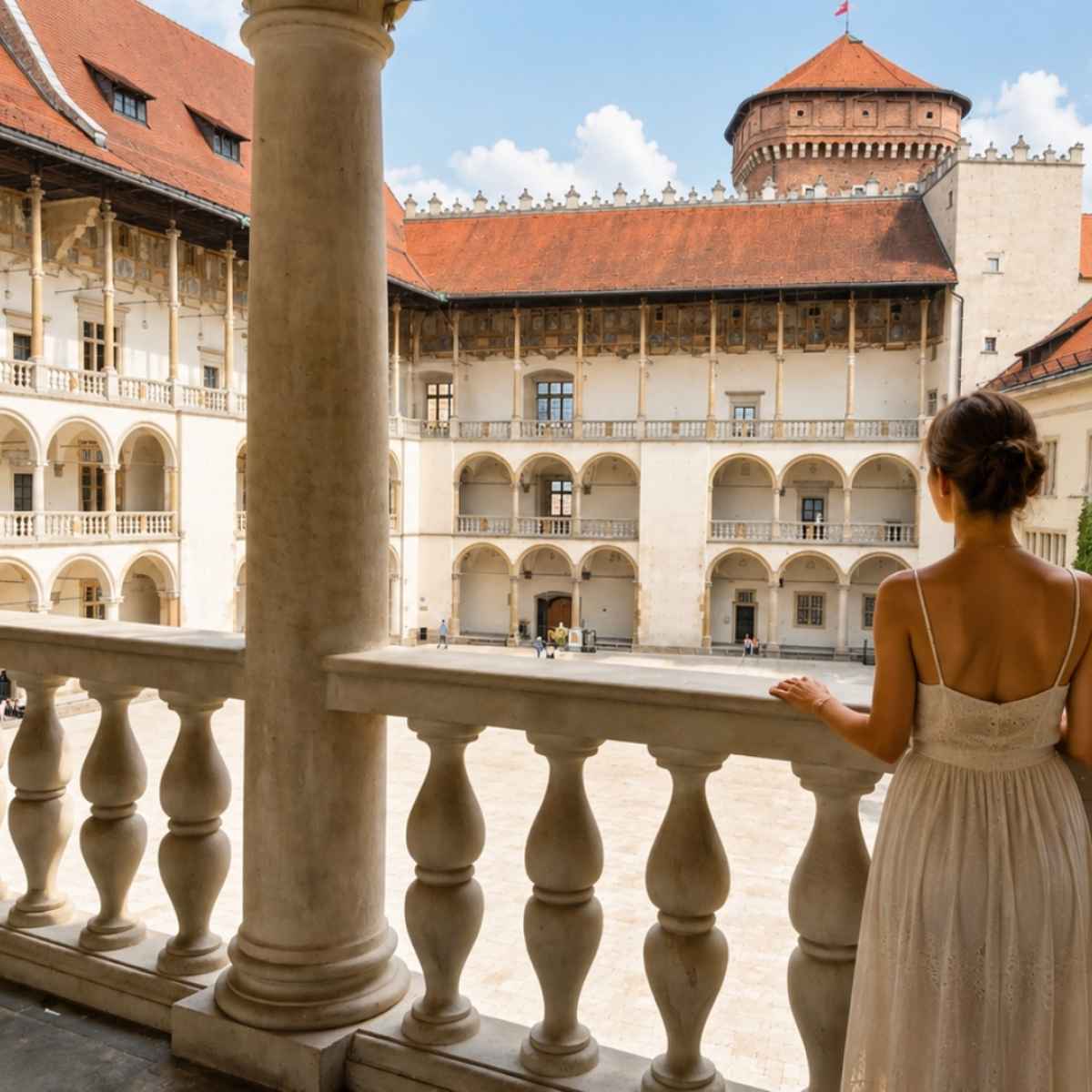 Femme en robe d’été dans les cloîtres du Wawel à Cracovie