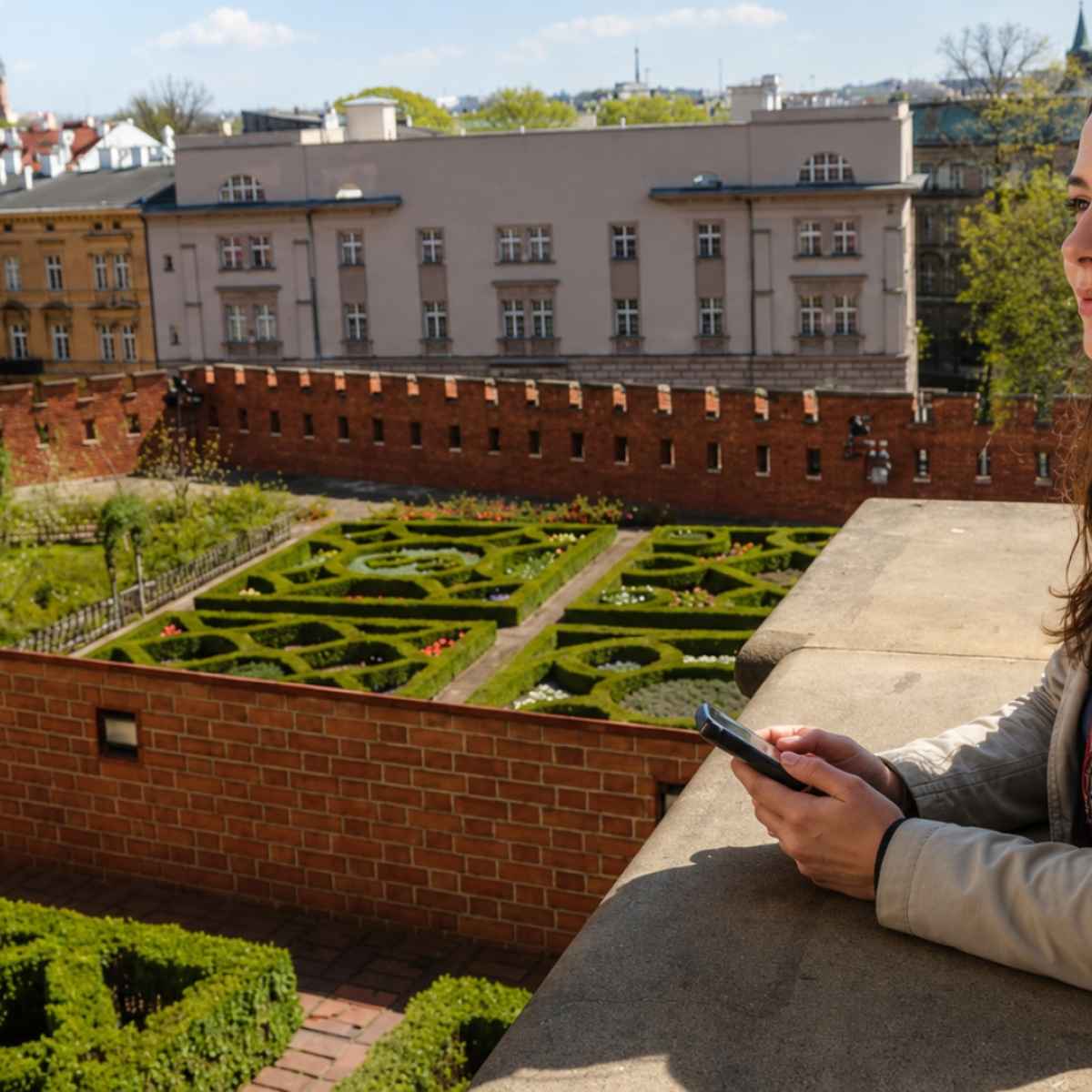 Femme écoutant un audioguide avec vue sur les jardins du Wawel à Cracovie